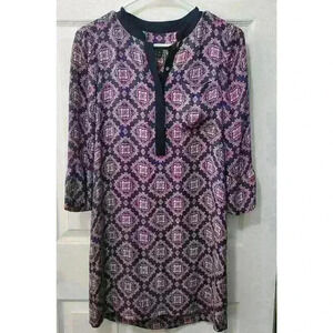 Women's J. Crew Navy And Pink Paisley Silk Lined Dress. 3/4 Sleeves. Size 0